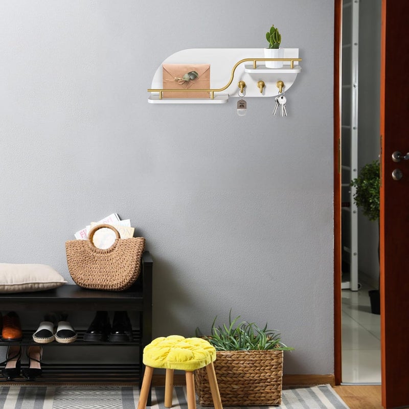 Karisky Key Holder for Wall, Decorative Key and Mail Organizer with 3 Metal Hooks and 2 Shelves, Wood Wall Mounted Key Rack for Entryway, White - Image 4